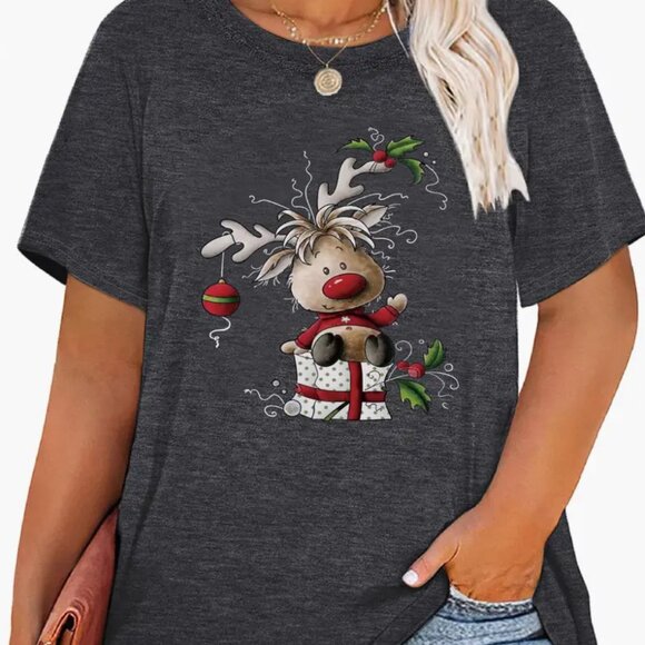 Tops - Plus Size Christmas Casual T-shirt Deer Print Short Sleeve Round Neck T-shirt